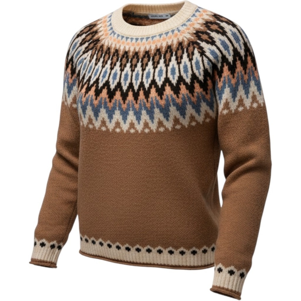 Cotton Emporium Fair Isle Sweater Camel Brown Blue Orange Knit